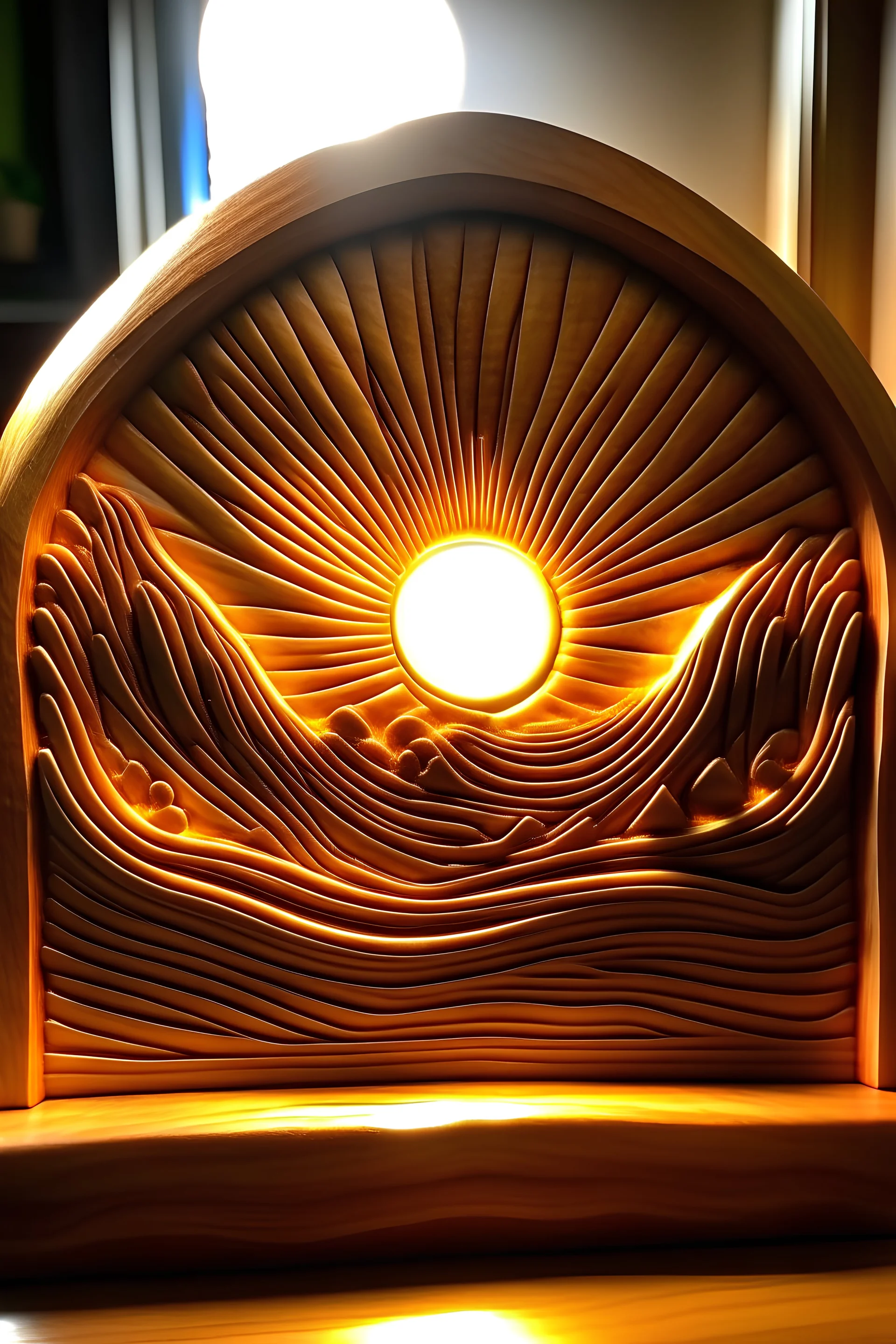 wooden carving of a sunrise