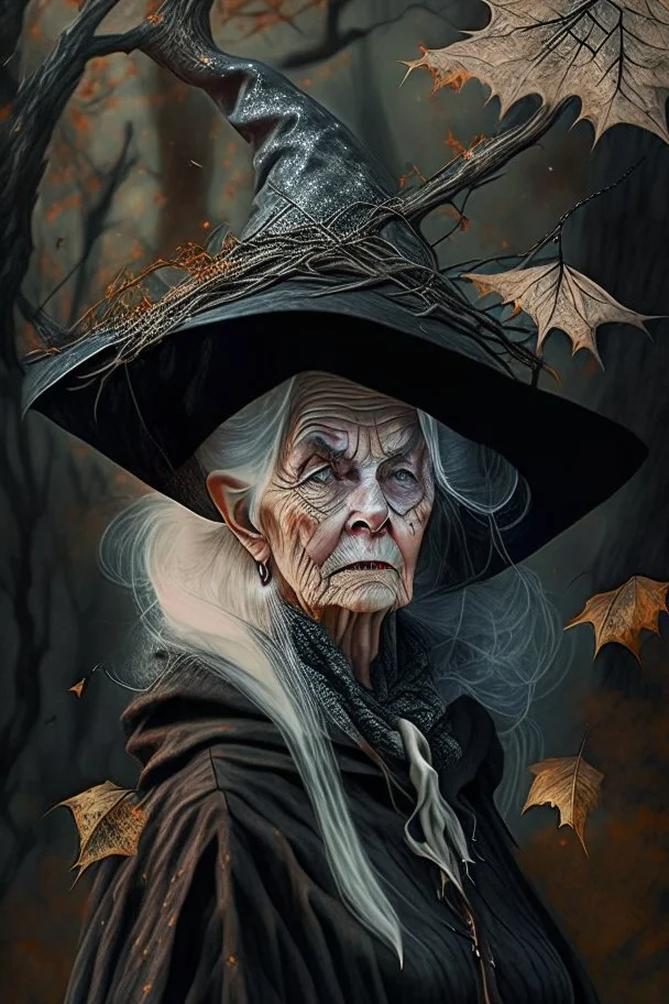 Old White-haired Witchery Witch in her pointed hat ready for the Coven in rusty autumn leaves and silver cobwebs. with burnished browns and abyss black.