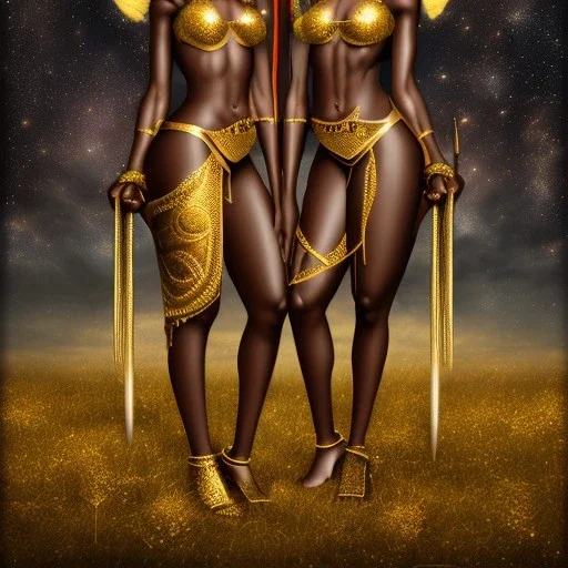 Female angelic African American Twins, black skin, tall and slender, long afro kinky hair,big brown eyes, long eyelashes warrior wear. Big butts. Gold accents on clothing. Surround by trees. Holding golden spears. Starry night