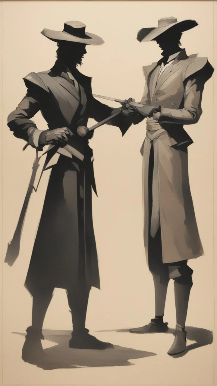 Duellants , with distinct shadow on paper, signed by a master