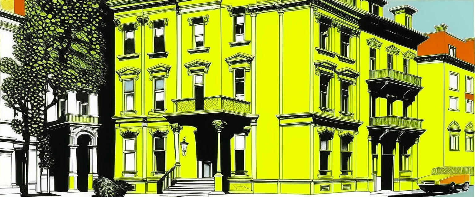 A yellow house in a metropolis in daylight painted by Andy Warhol