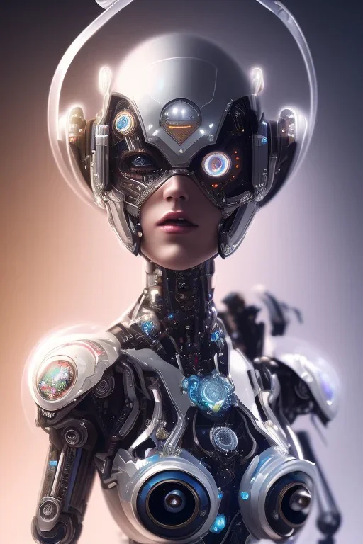 a beautiful full frame portrait digital painting of futuristic animepunk robot, wide angle view, close-up, macro lens, centered camera, titanium accents, intricate details, small minutiae, tiny features, particulars, colorful, 8k, least ambient occlusion, volumetric lighting, volumetric clouds