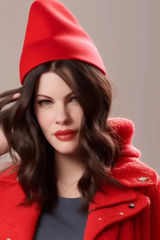 Liv Tyler is wearing a red hat, a flowery hat, and she's sitting in her own bed, in her own room.