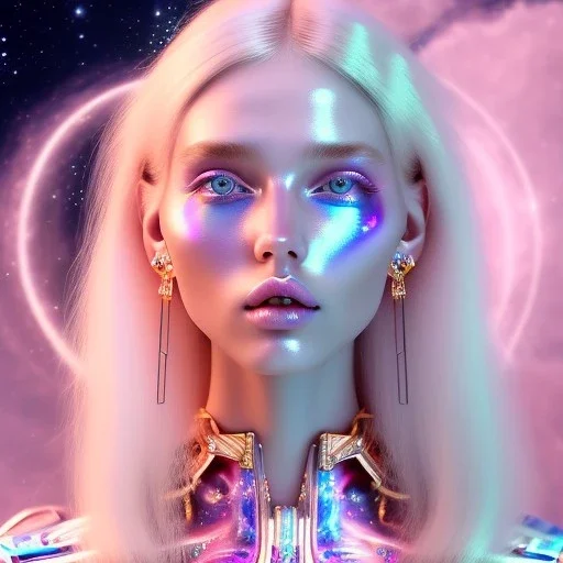 Entire white woman with legs, long blond hair, blue eyes, pink and blue dress in a galactic ambiance, delicate colors in the foreground, full of details, smooth, light effect，vaporwave colorful, smooth, extremely sharp detail, finely tuned detail, ultra high definition, 8 k, unreal engine 5, ultra sharp focus