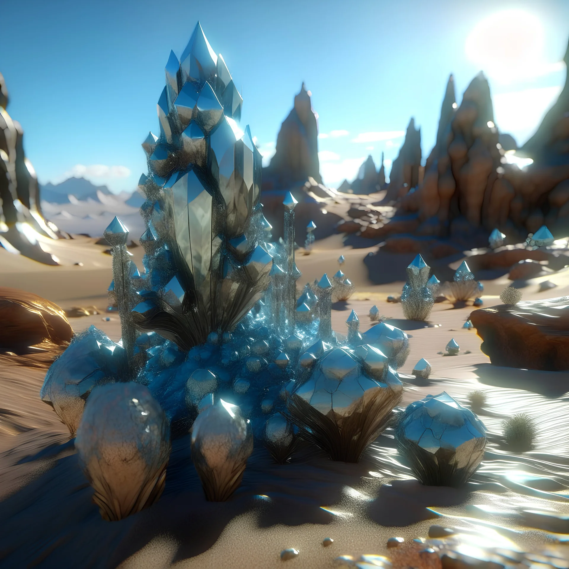 3d, crystal-like, odd objects in an odd environment, desert, masterpiece, good quality, intricate details, high quality, Yves Tanguy, best quality, 8k, in focus, sharp focus, DVD Screengrab, fantasy, sci-fi, cinematic, photorealism, octane render, frostbite, 8k, cinematic, unreal engine, bokeh, vray, houdini render, quixel megascans, arnold render, 8k uhd, raytracing, cgi, lumen reflections, cgsociety, ultra realistic, cinema4d, studio quality, highly detailed