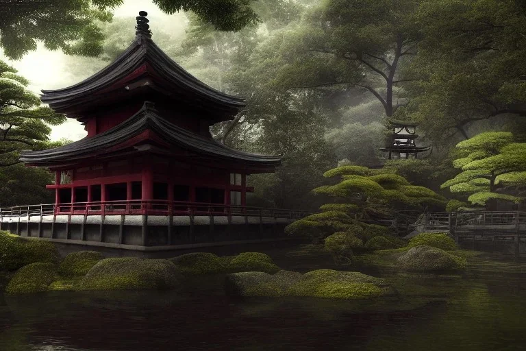 a ancient japanese temple in the middle of a forest mear a small river, extremely highly detailed, high quality, 8k hdr, octane render, unreal engine 5, hyperrealistic, concept art, trending on artstation, dramatic lighting, cinematic, high coherence, path tracing, ruins, clouds in the sky, singular building, centered