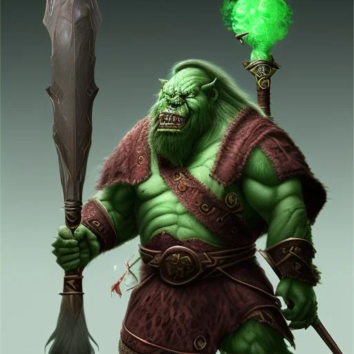 orc mage, Height 200cm, Weight 150kg, Skin color green, Has predator-like eyes, fangs, and claws, He holds an magic cane with both hands. Kills humans with ferocious accuracy, Intelligence is that of a human child. Wears robes of crude cloth