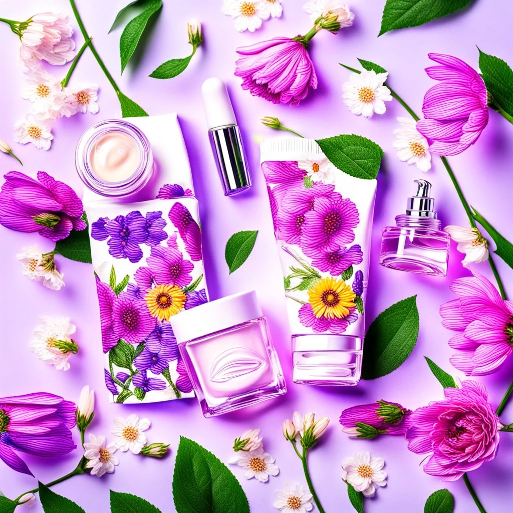 a bottle for cosmetics and a cream jar, behind a beautiful floral purple background, a picture top view, in the background there are beautiful spring flowers and a drop of cream, high-quality picture, top view