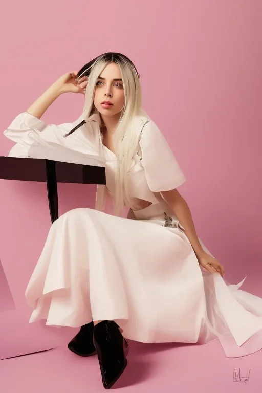 Billie Eilish, sitting on a chair, Black Short Dress, high detail, realistic, 8k