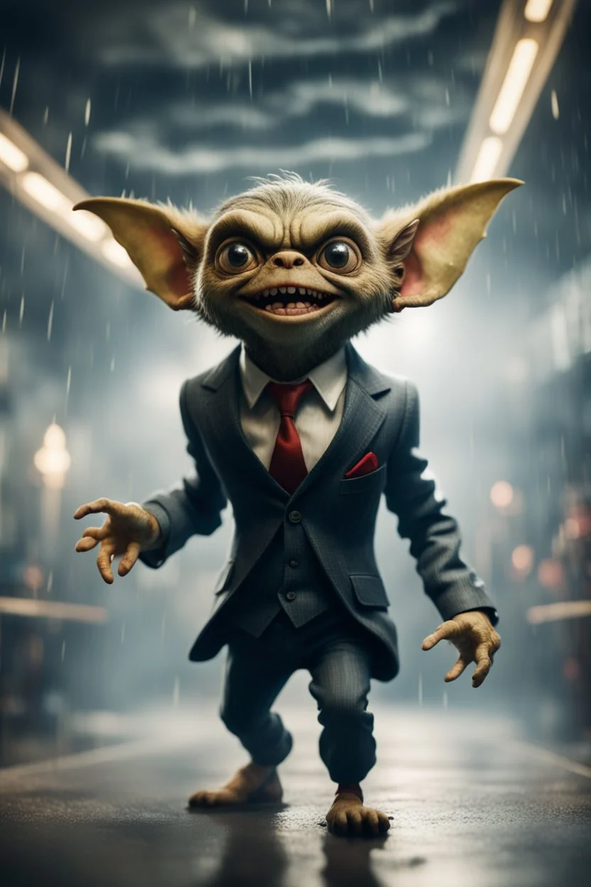 portrait of gremlin in suit flying in wind tunnel birthday party in a storm cloud, in the style of a fallout 4,bokeh like f/0.8, tilt-shift lens 8k, high detail, smooth render, down-light, unreal engine, prize winning