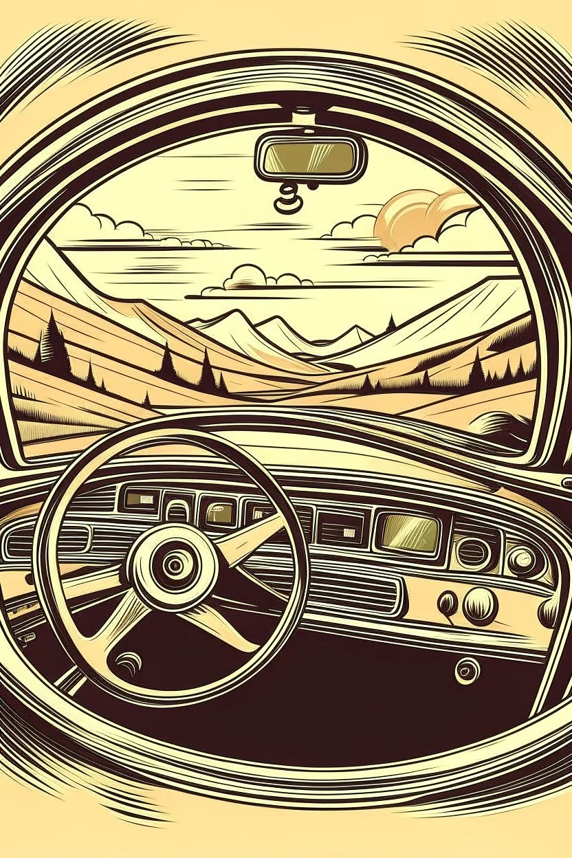 A vintage car phone with a curly cord, attached to the dashboard of a classic automobile. A scenic mountain highway stretches out in the background through the open window. Style: Retro travel, Mood: Adventurous, Lighting: Warm sunlight streaming through the window, T-shirt design graphic, vector, contour, white background.