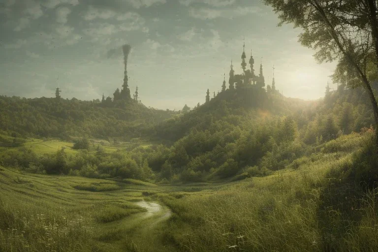 a portrait of anthropomorphic organic landscape, created with incredibly detailed and realistic natural colour grading by erik johansson. the dystopian palace depicted in the artwork is illuminated by bright glorious summer sunshine, adding to the cinematic composition of the piece. volumetric lighting, volumetric clouds, the bionic nanopunk puppet with intricate mechanical implants is depicted with accurate proportions and sharp details, extremely meticulously, art by sam curry