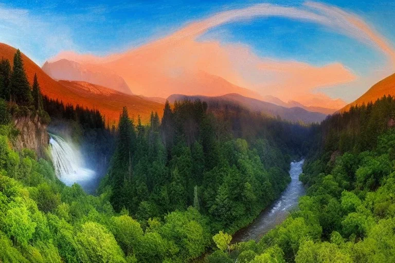 the most beautiful panoramic landscape, oil painting, where the mountains are towering over the valley below their peaks shrouded in mist, the sun is just peeking over the horizon producing an awesome flare and the sky is ablaze with warm colors and stratus clouds. a giant dreamy waterfall creates a river, it is winding its way through the valley and the trees are starting to bloom in a great variety of colors, by greg rutkowski, aerial view