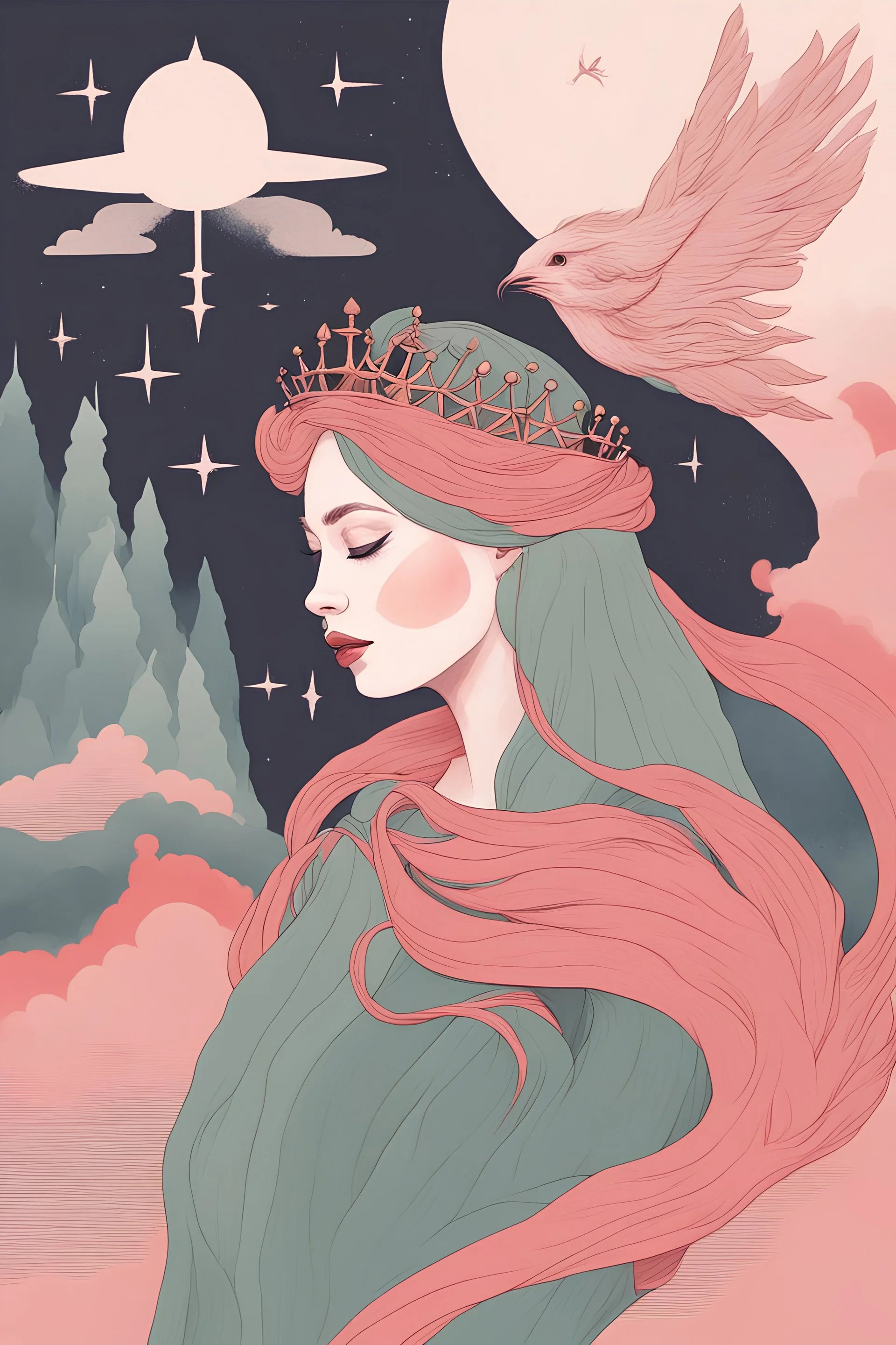 Generate a gouache illustration based on the song Queendom by 'Aurora'. Make it powerful
