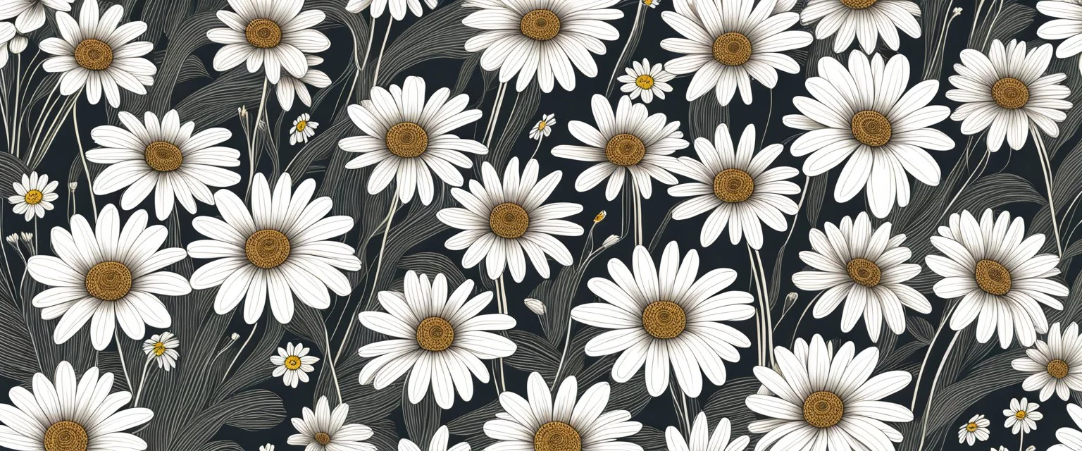linework daisies, flowing in the wind, spring, simplified, pattern