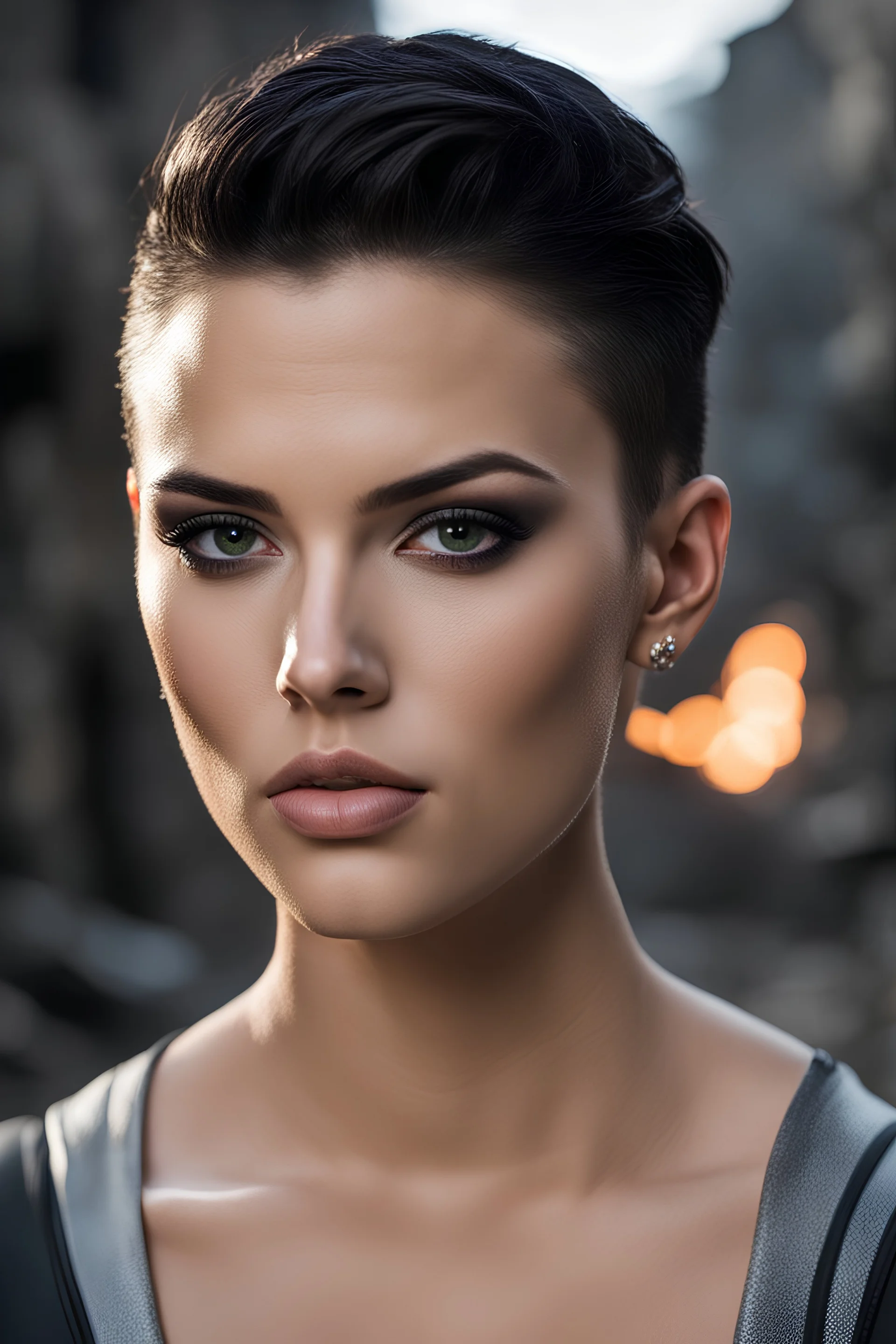 32k uhd, a close up portrait photo of 18yo, mix young (julie strain), short haircut, slick back hair, hyper muscular body, background is city ruins, (high detailed skin:1.2), 8k uhd, dslr, soft lighting, high quality, film grain, Fujifilm XT3