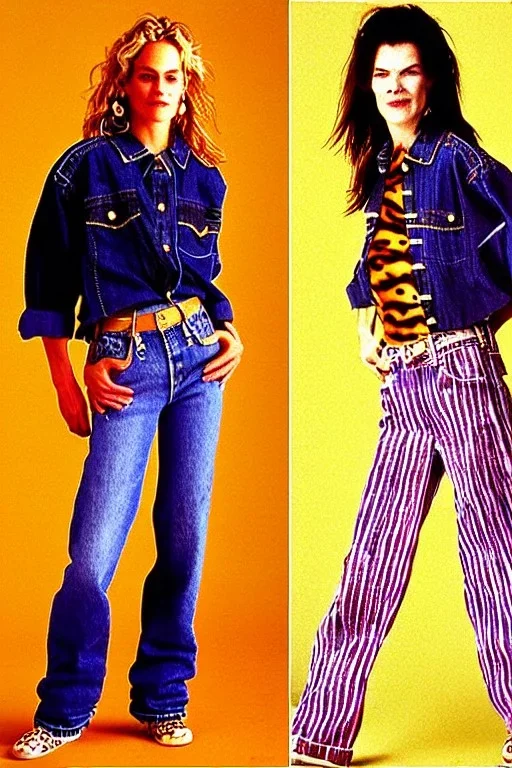 year 1996 denim fashion. Loose fit, low waist, baggy. Colors: denim blue, blue, purple, khaki, light green, lilac, plum, orange, terracotta, red, pink, dark blue, beige. Patterns: cheetah, balls, stripes. Women models. Sharon Stone, Sandra Bullock, Winona Ryder, Milla Jovovich, Big tennis shoes on.