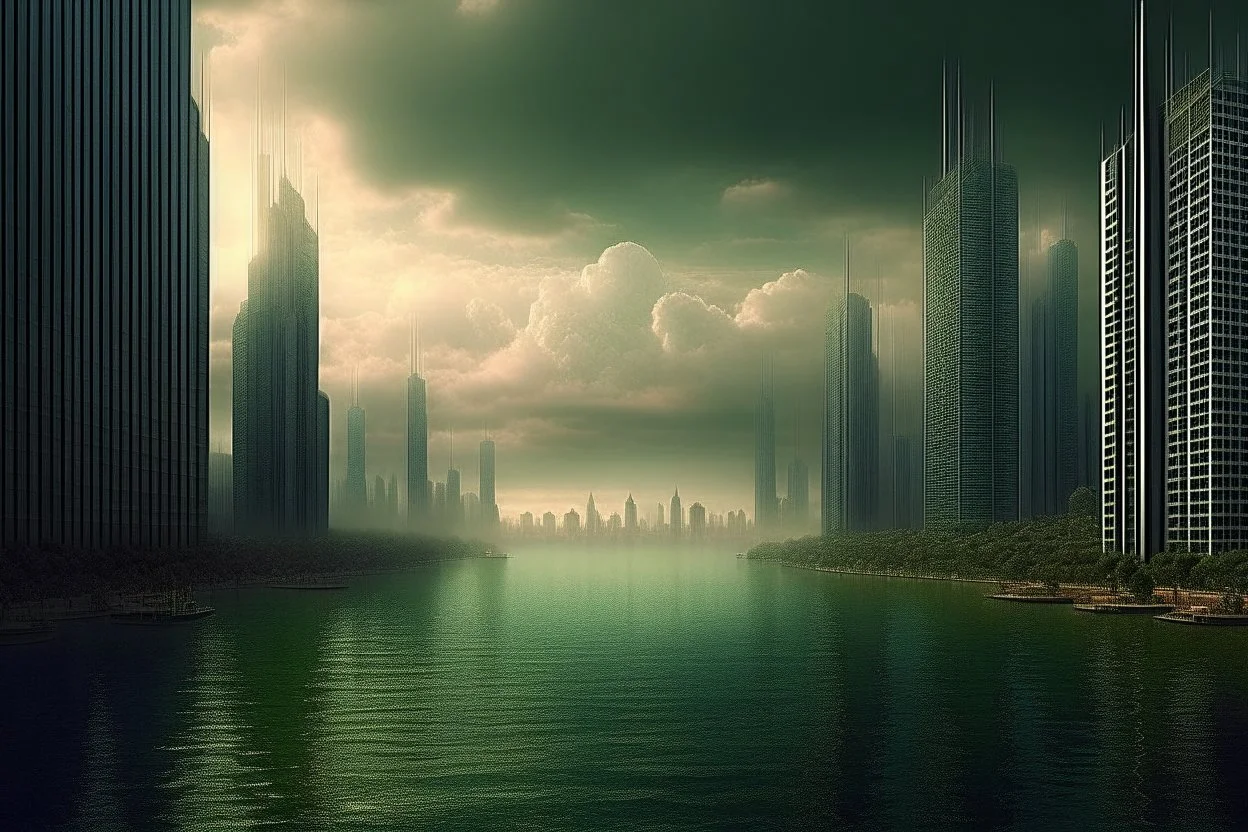 city, sci-fi, lake, ships, clouds, john foxx influence