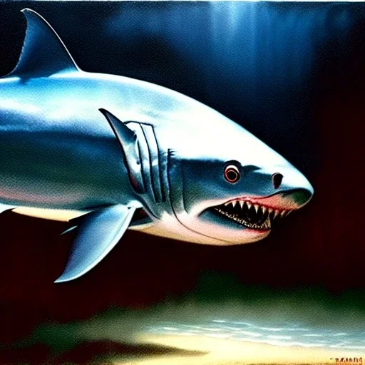 Drawing of 'King Shark', painting by Earl Norem, simon Bisley,frazetta,西嘛哒, evan lee, Vallejo,kelly oil on canvas, cinematic composition, extreme detail,fit full head inside picture,8k