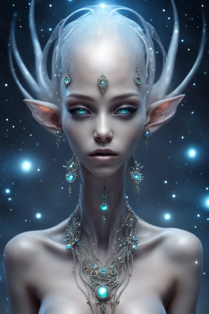 full body gorgeous ethereal alien female, looking down, body piercings and jewelry, beautiful face, mesmerizing starry eyes, smooth translucent skin, transcendental