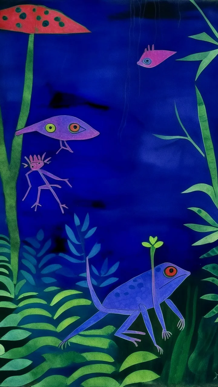 A purple rainforest filled with venomous frogs painted by Paul Klee