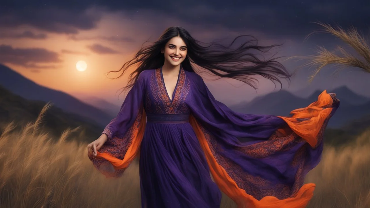 Hyper Realistic Close-up-view of a Beautiful Young Happy Pashto Girl with long-black-hair smiling & wearing purple-&-orange-embroidery-dress-with-black-shawl whirling with breeze, tall-grass along with a thick-tree on mountain top & cloudy-moonlight at night showing dramatic & cinematic ambiance