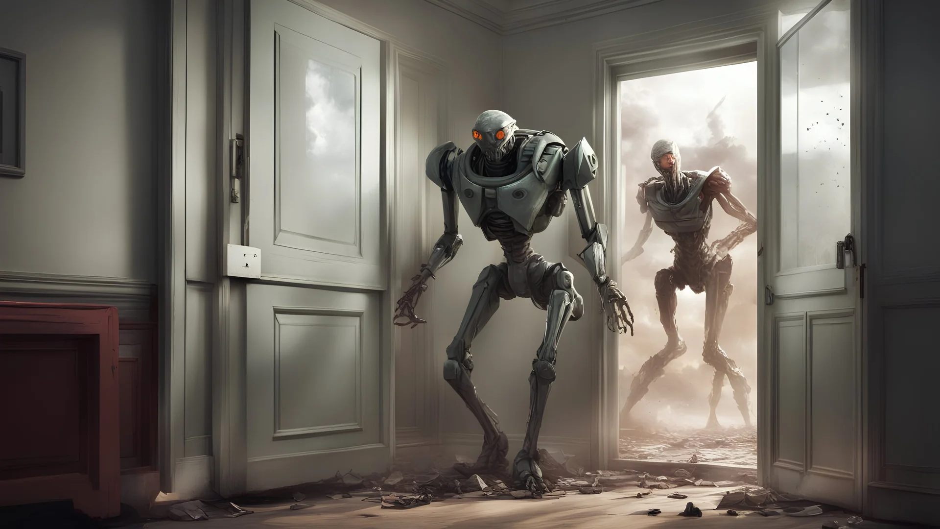 TALL NASTY ALIEN robot smashing its way though a door window, inside the house, a terrified british soldier hides from the creature behind a counch