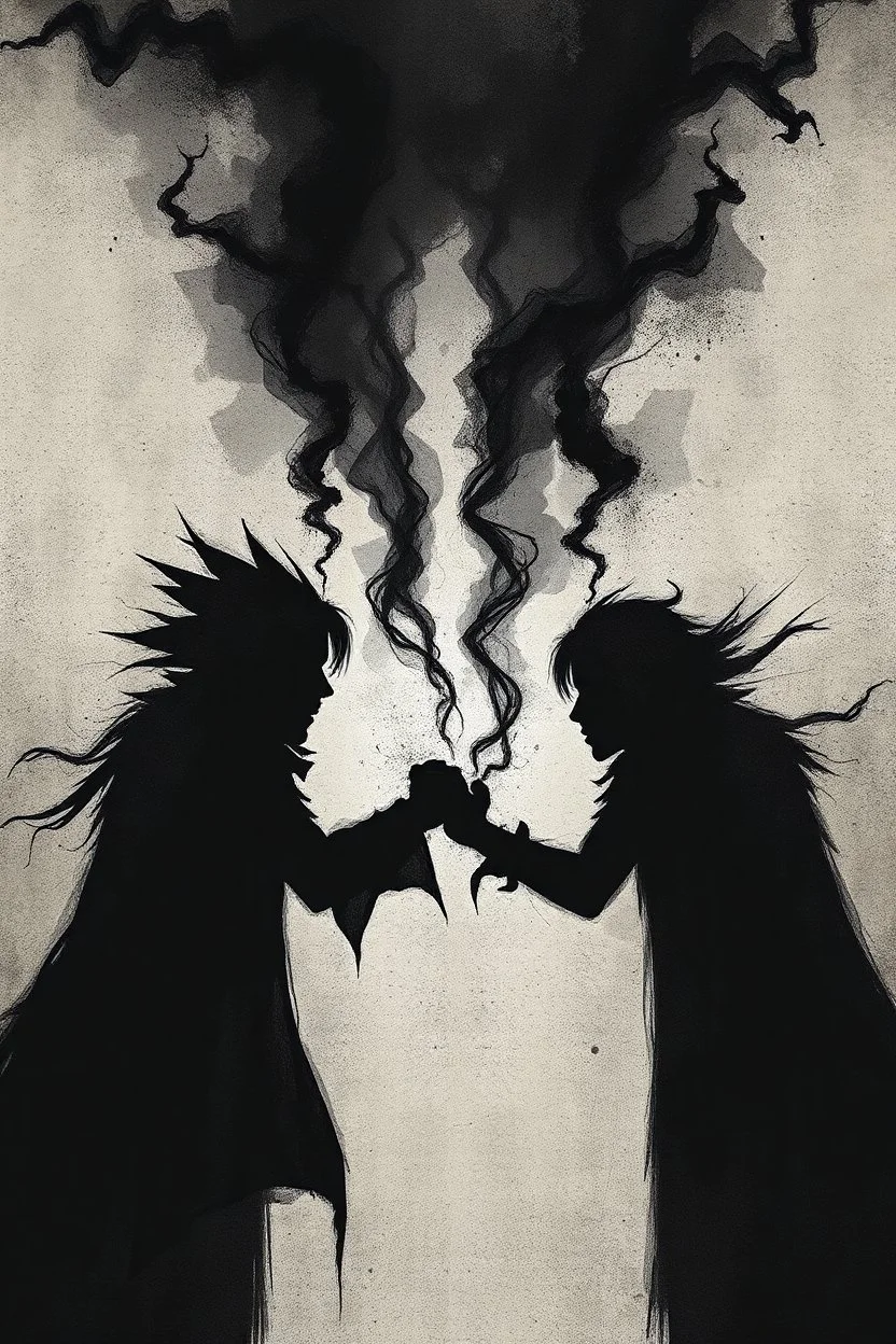 a distressing, abstract image of two shadows preparing to fight to the death