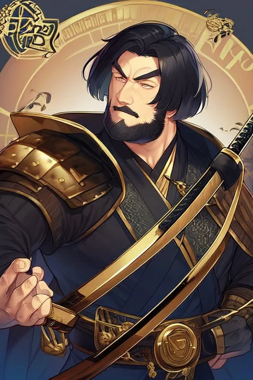 A handsome 30 year old man, black hair, male bob haircut, in black-and-gold plate armor, golden katana in both hands