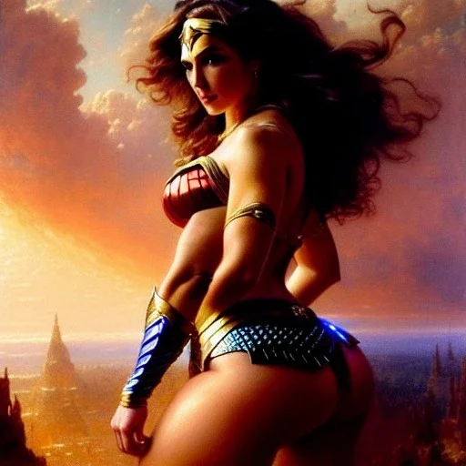 Drawing of beautiful face,'beautiful booty,Busty WonderWoman',intense stare, ancient skintight armor, balanciaga fashion clothe painting by gaston bussiere, greg rutkowski, yoji shinkawa, yoshitaka amano, tsutomu nihei, donato giancola, tim hildebrandt, Oil on canvas, cinematic composition, extreme detail,fit full head inside picture,16k