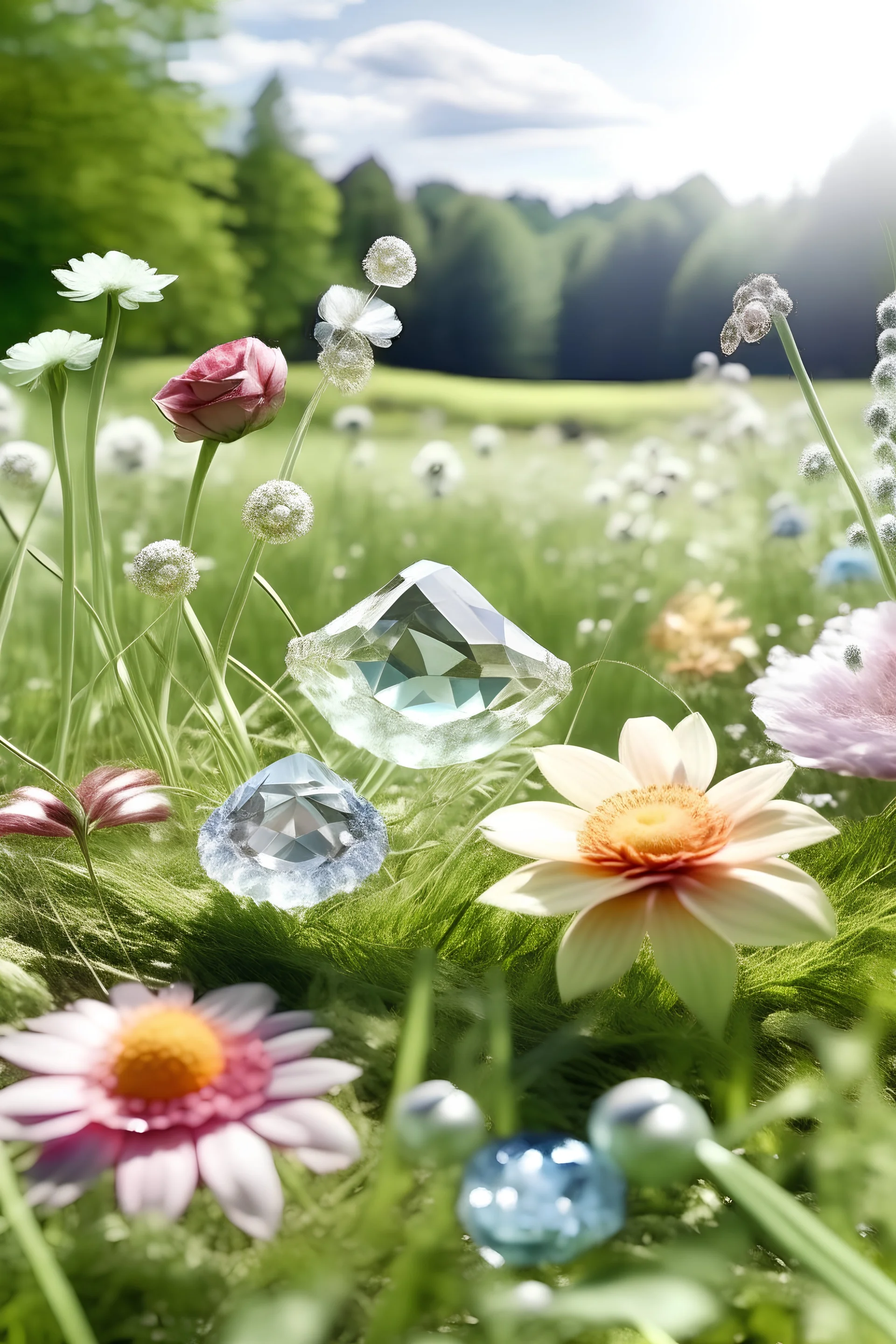 flowers and crystal in a filed with trees in background in a childhood style
