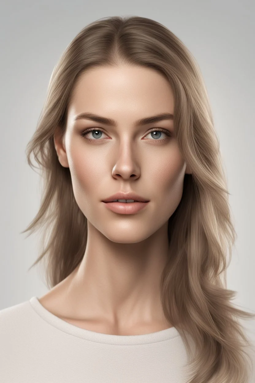 realistic, (29yr old female)without makeup, Caucasian beautiful face, 3/4 head position, dark hair, studio lighting, cinematic light, beautiful woman, milk beige middle hair, perfect anatomy, on white background, 8k Resolution, highly detailed, non-symmetrical body a, detailed hairstyles and skin texture