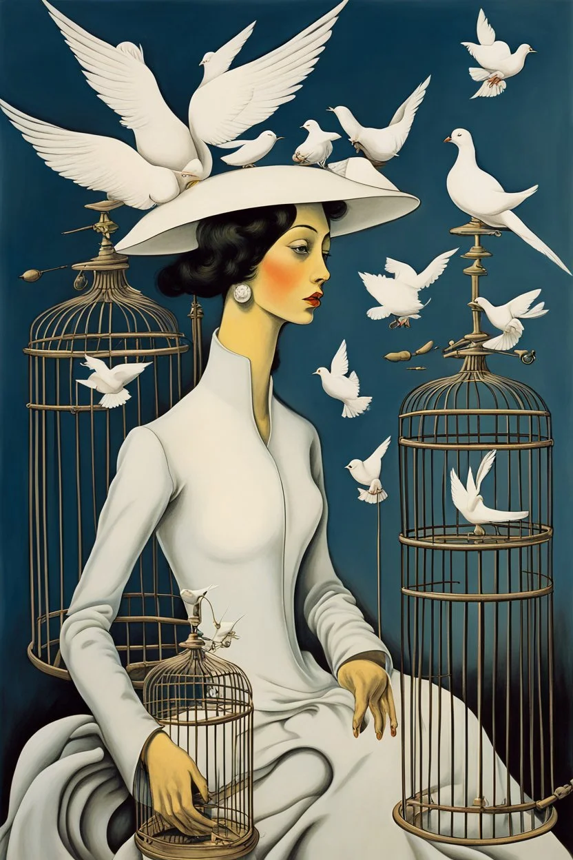 Woman wearing a bird cage hat with white doves in it, surrealism, by Yves Tanguy, by Moebius, complementary colors.