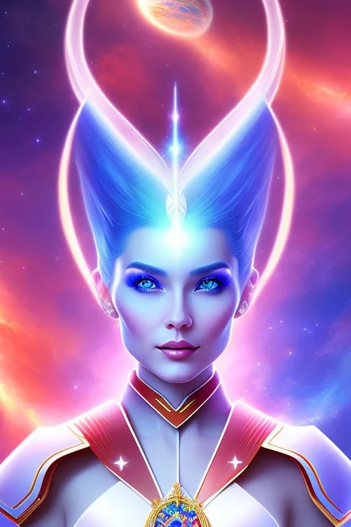 young cosmic woman admiral from the future, one fine whole face, large cosmic forehead, crystalline skin, expressive blue eyes, blue hair, smiling lips, very nice smile, costume pleiadian,rainbow ufo