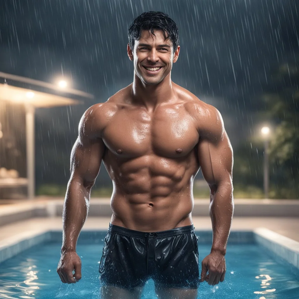 Hyper realistic extremely handsome muscular short black hair man smiling & standing between swimming pool in a heavy rainy night