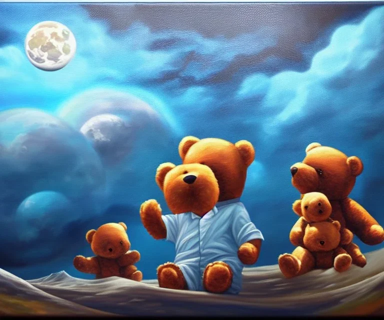 little boy and big teddy bears on moon. drifting in old bmw. oil on canvas