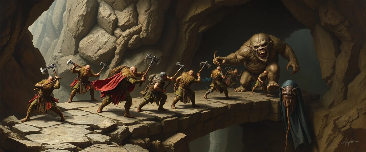 master oil painting by Rembrandt, realistic rendering wild battle on underground bridge, dwarves wielding pickaxes, orcs and mountain trolls, huge alien gremlin troll bugbear, bridge is kinda collapsing