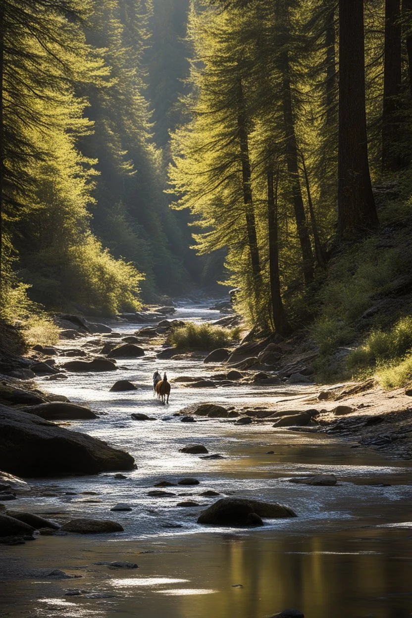 This is amazing! I love how the light glints off everything, giving stark contrast to the shadows. There must be some deer or elk up ahead since the horse has his ears perked forward and with an intent gaze of interest. The young lady looks like she is enjoying herself alone with her friend while plodding downstream through the lazy creek. Thank you for sharing. Beautiful artwork!