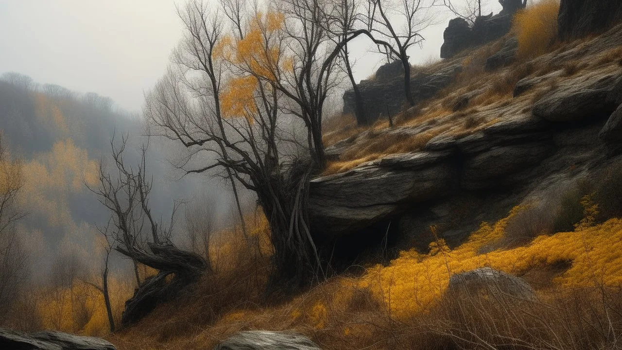 A dark, moody landscape with a rocky cliff face in the foreground, partially obscured by twisted, bare tree branches, the background featuring a hazy, autumnal scene with hints of yellow and orange foliage