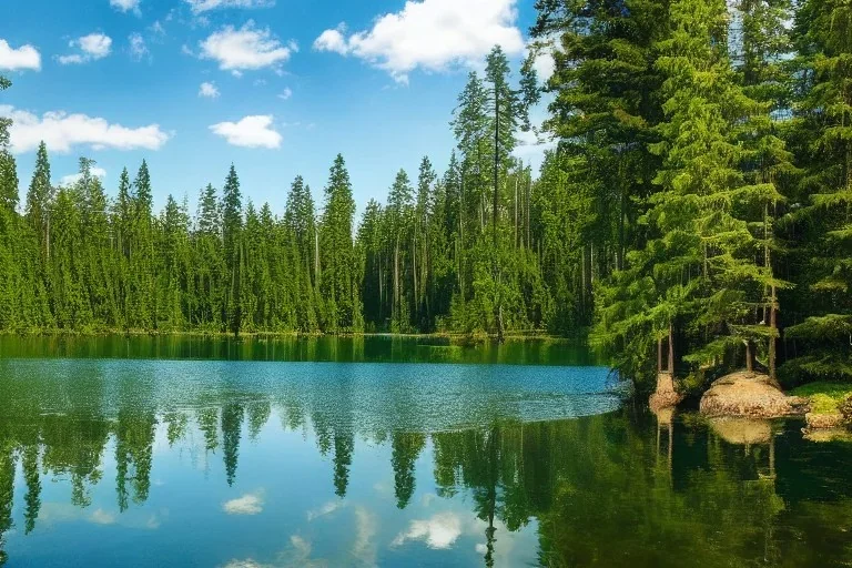 Find tranquility in the calm waters of a serene lake surrounded by tall trees and lush greenery