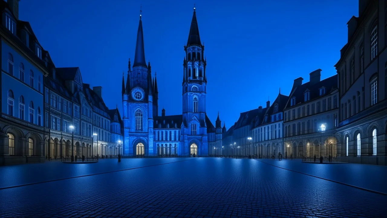 The image shows the market square in the city of Halle an der Saale as a deserted scene illuminated by pale blue light. In the center of the square is a 15th century bell tower with its neo-Gothic brick enclosure. On the left you can see the enormous Marienkirche with its four towers, in the style of Ernst Ludwig Kirchne