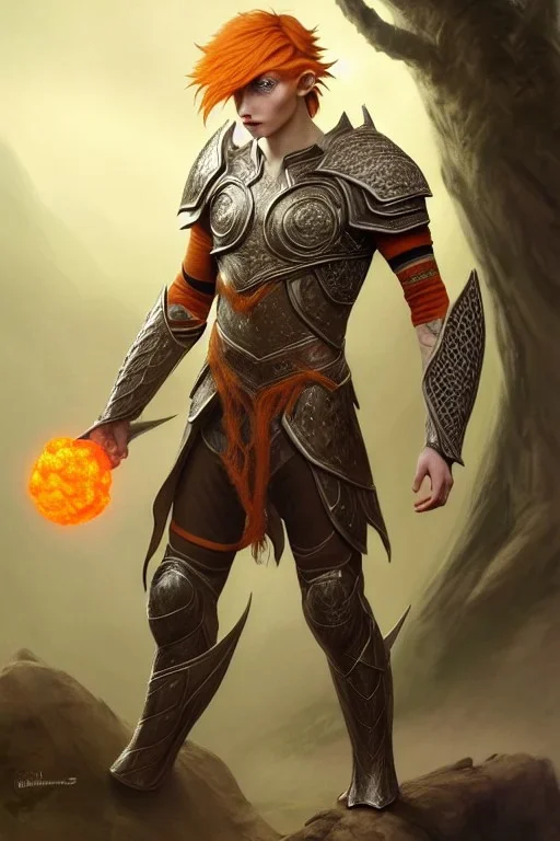 portrait painting of an elven young man with short light orange hair and freckles and tree tattoos on his cheekbones light armor, full body, ultra realistic, concept art, intricate details, eerie, highly detailed, photorealistic, octane render, 8 k, unreal engine. art by artgerm and greg rutkowski and charlie bowater and magali villeneuve and alphonse mucha