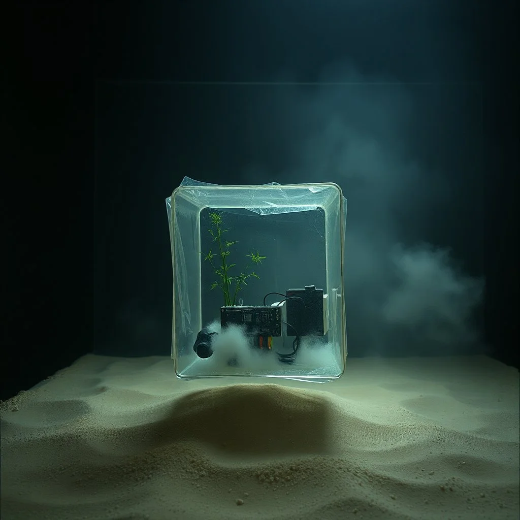 A photo of a closed environment in a dark closed space. In the background there is a forest. At the center, a transparent structure made of plastic encloses some electronical devices. Plants, clouds. The surface below appears to be sandy, with small accumulations of sand. Fog, powder. In the background, other forms or structures are visible, some of which are thin and transparent. The photo was taken with a Hasselblad H6D 400c camera.