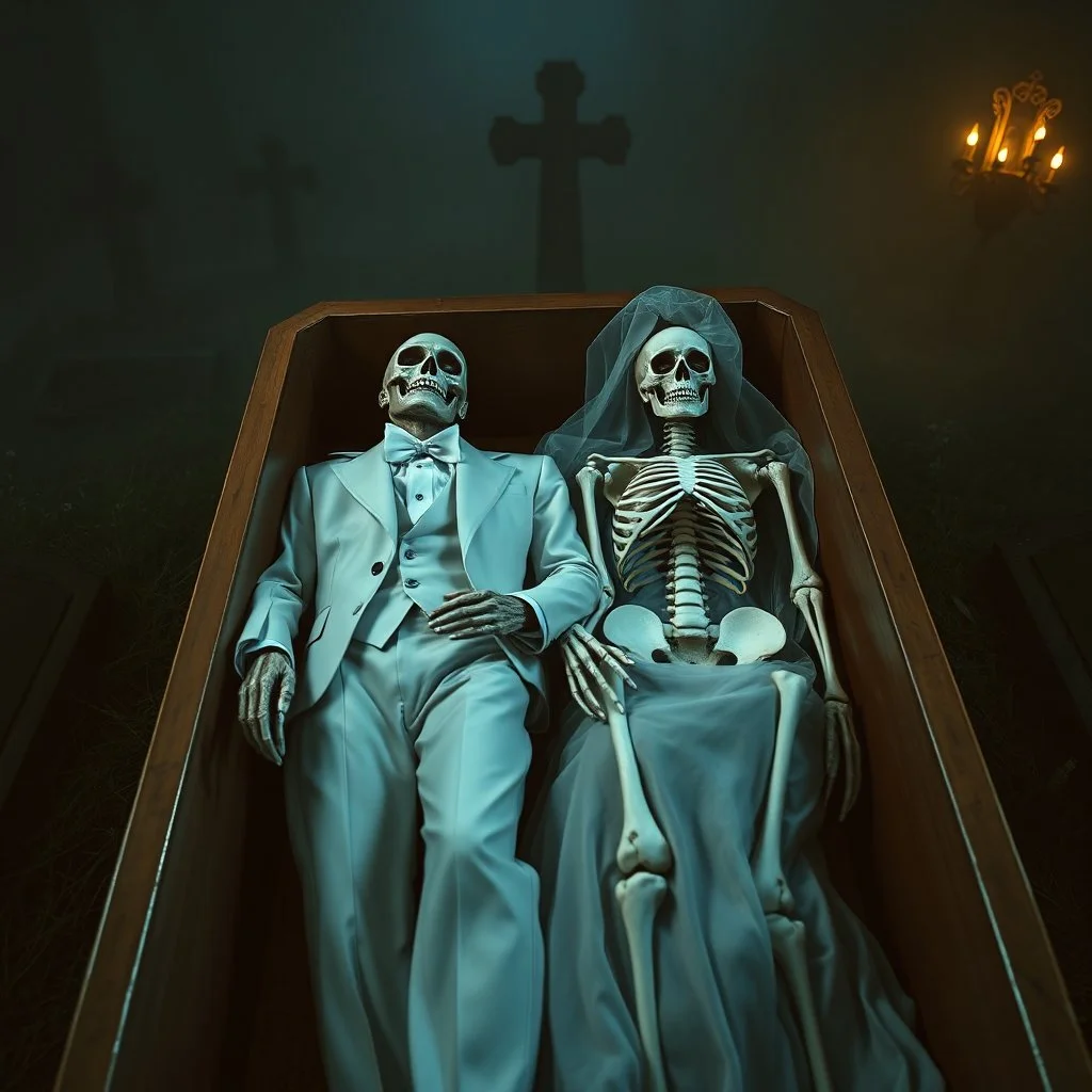 Hyper Realistic Center Top Angle Shot Of A Dead Married Couple (Man Skeleton In White Tuxedo & White Pant And Woman Skeleton In White Bride Gown) Lying In A Coffin With Their Skeletons, in A Spooky Cemetery At Dark Foggy Night Showing Dramatic And Cinematic Ambiance.