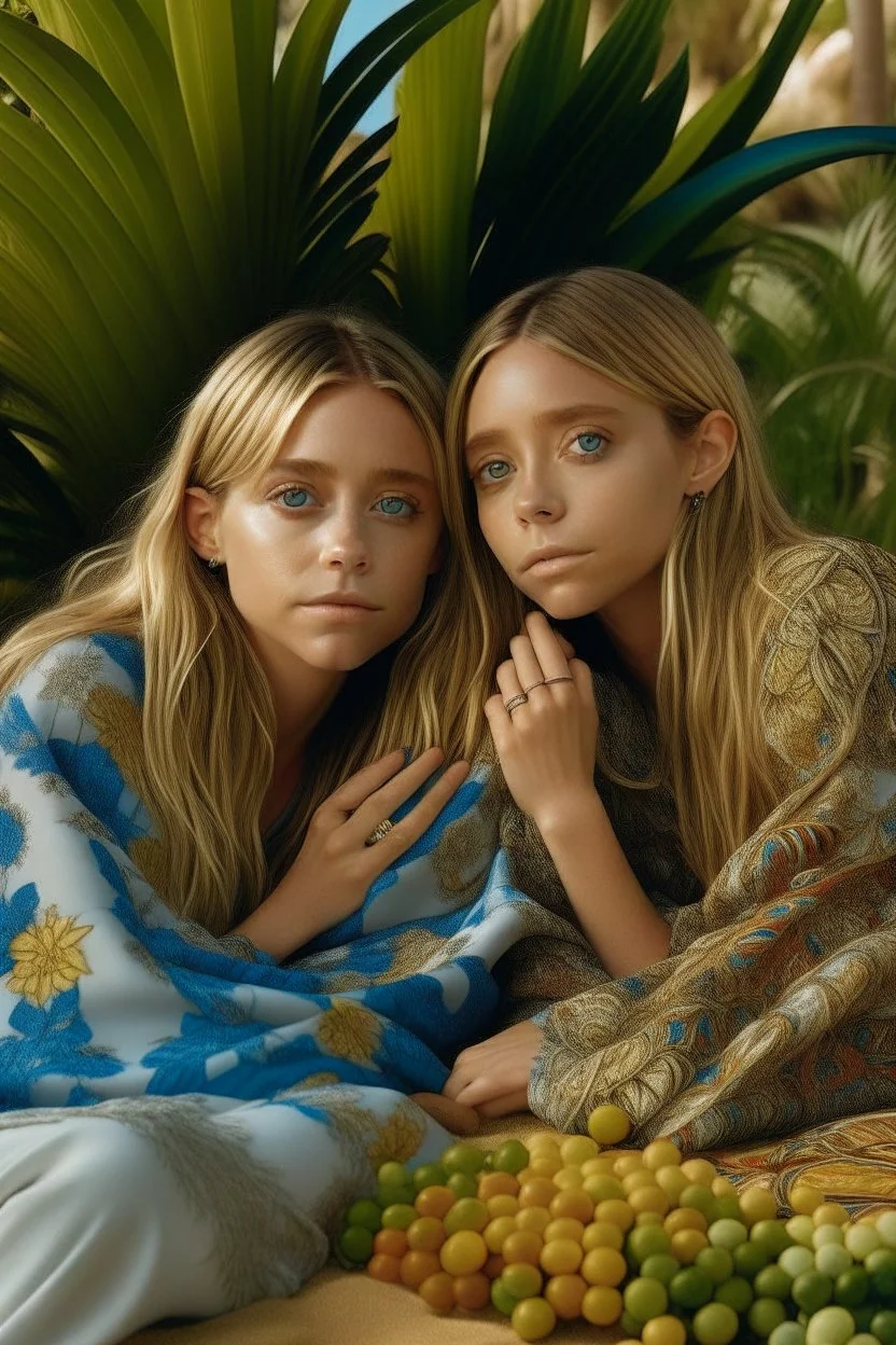 ((Mary-Kate and Ashley Olsen a warm hug)),Nestled against the backdrop of swaying palms and colorful tropical flora, the woman embodies an idyllic vision of seaside repose. Seashells and small pebbles create a delicate mosaic at the base of her lounger, mirroring the natural beauty surrounding her. A subtle fragrance of salt and coconut oil lingers in the air, enhancing the sensory tapestry of the scene.