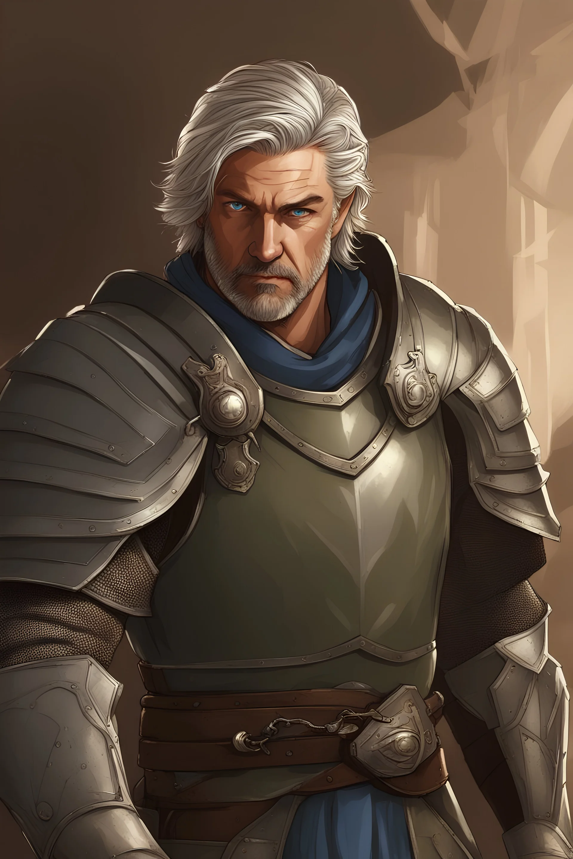 {{Man}}, Male, Ruggedly Handsome, Silver Hair, Short Hair, Adult, Ray Stevenson, {{Blue Eyes}}, Armor, Olive Skin Tone, Knight, Digital Art