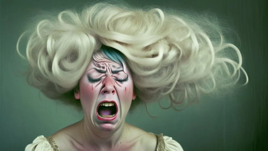 lady crying while holding shoddy wig