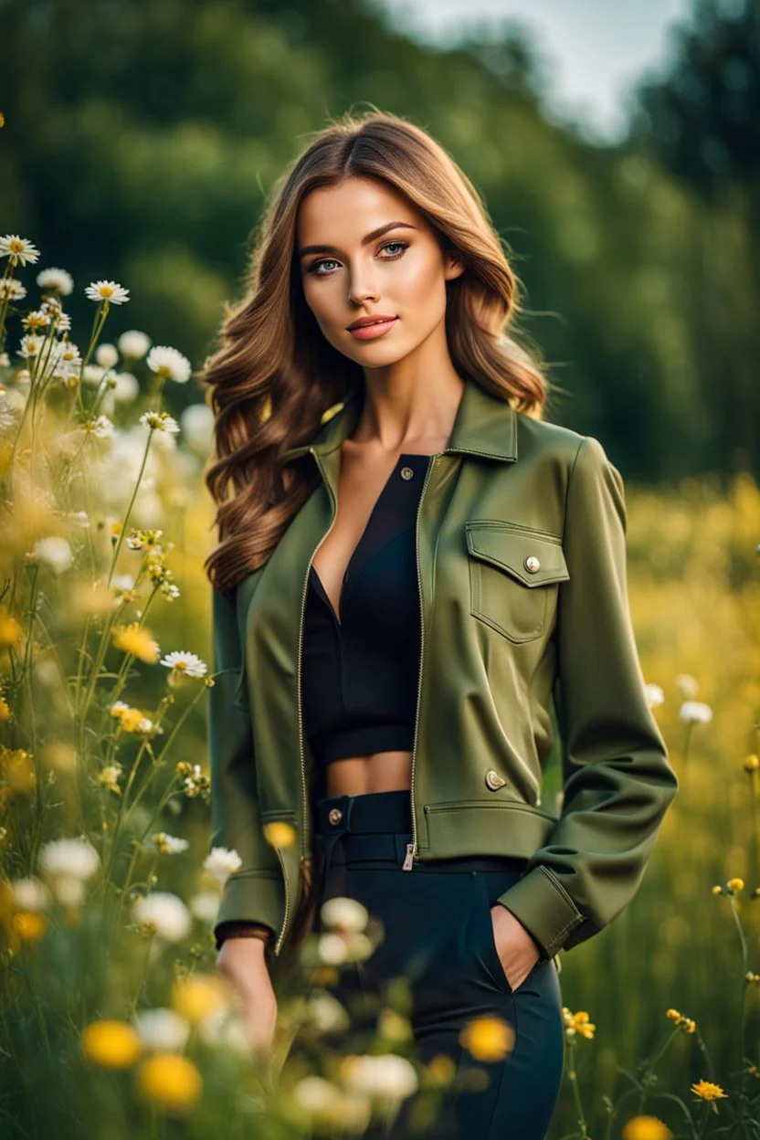 fullbody close up shot of young-beautiful-girl-with-a-perfect-face wearing pants and thight blouse and jacket spory shoes, country side green field flowers day lights