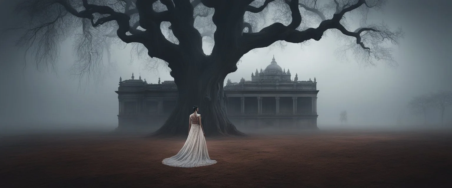 Hyper Realistic Haunted Dark Indian palace & back of Indian bride standing between a Field with dry old tree at heavy foggy night