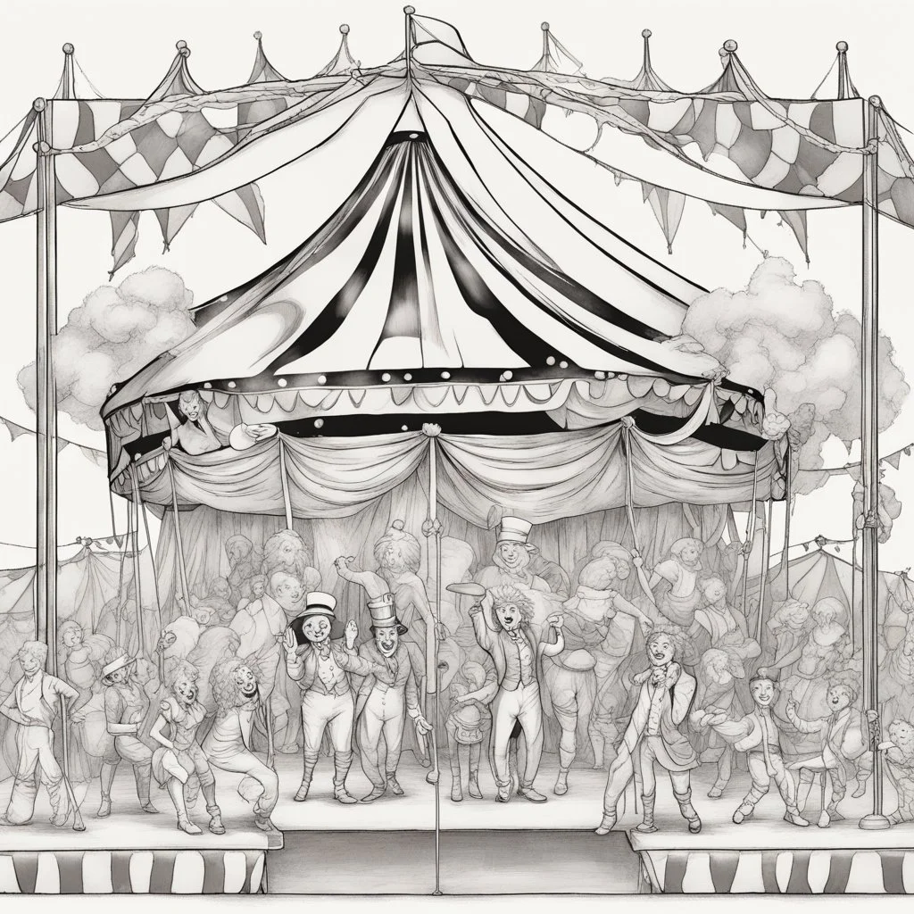 Coloring book page:: Circus: A whimsical illustration of a circus tent with acrobats, clowns, and a ringmaster:: high detail adult coloring book page thin black lines white background, 1 bit line art coloring book, only draw outlines, crisp, thick outlines, use up the entire screen, outline art, storybook illustration –no noise, book, logo, page, letters, words, markers, grayscale, –no black background –ar 3:4 –v 4